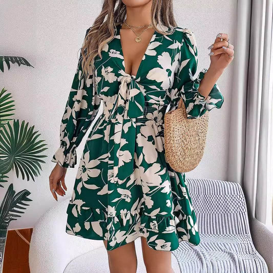 New Floral Printed V-Neck Long Sleeve Dress Fashion Ruffles Bowknot A-Line Short Dress Women's Clothing - Mubimart