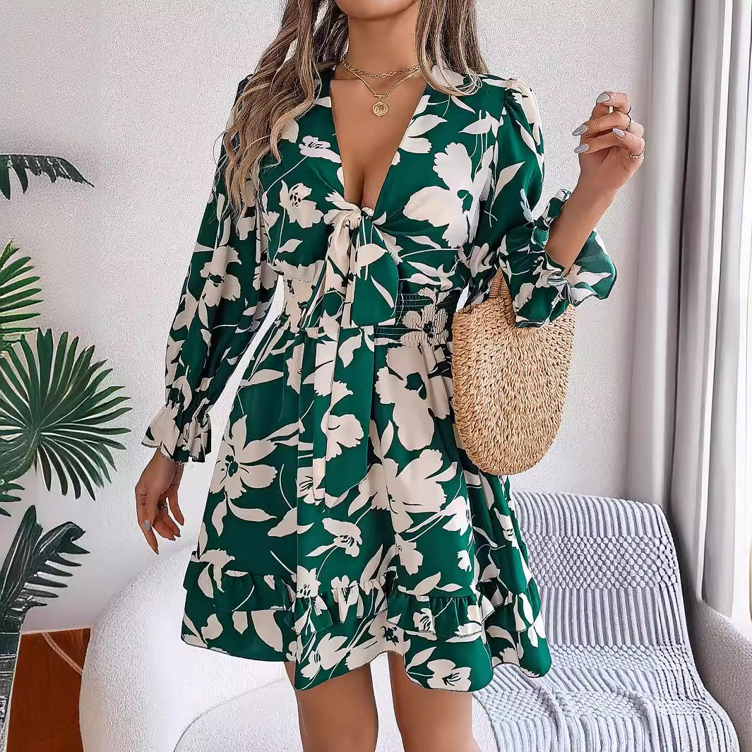 New Floral Printed V-Neck Long Sleeve Dress Fashion Ruffles Bowknot A-Line Short Dress Women's Clothing - Mubimart -  