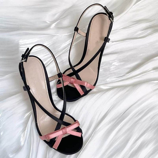 Women's Open Toe Stilettos Bow Buckle Sandals - Mubimart