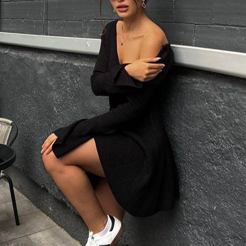 Sexy Slim V-Neck Long Sleeve Knitted Dress Fashion Tight High Elastic Ruffle A-Line Short Dresses Y2K Skirt Womens Clothing - Mubimart