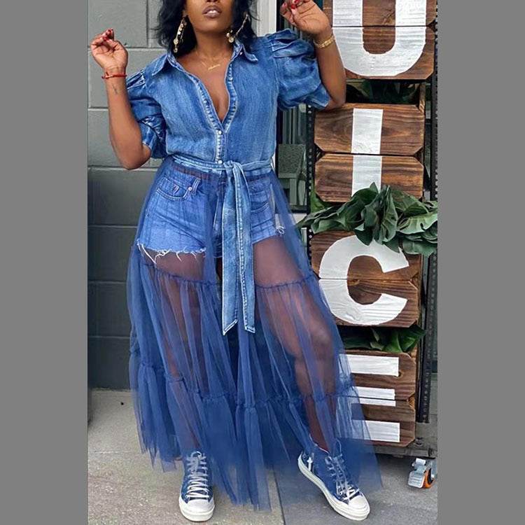 Plus Size Women's Dress Cardigan Denim Stitching - Mubimart
