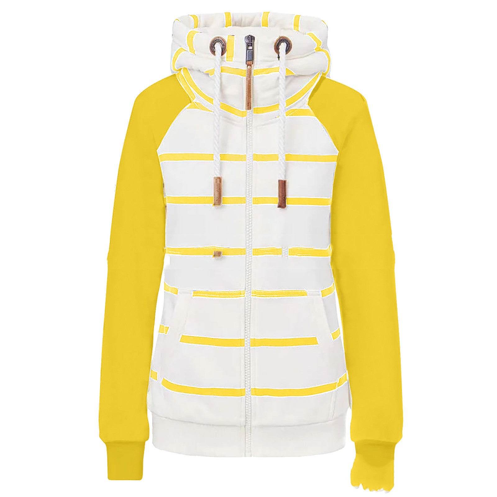 Ladies Striped Zipper Contrast Polyester Hoodie - Mubimart