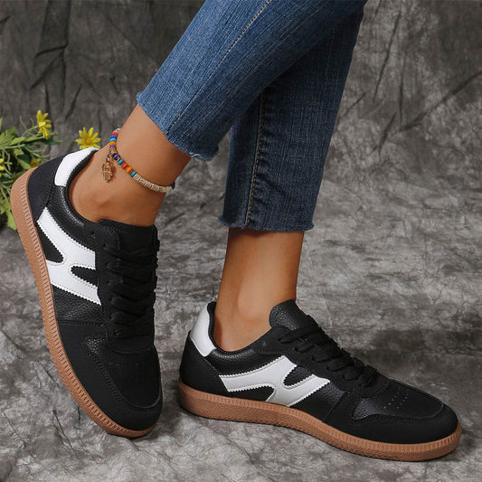 New Colorblock Lace-up Flats Shoes Fashion Round Toe Slip On Casual Shoes For Women - Mubimart