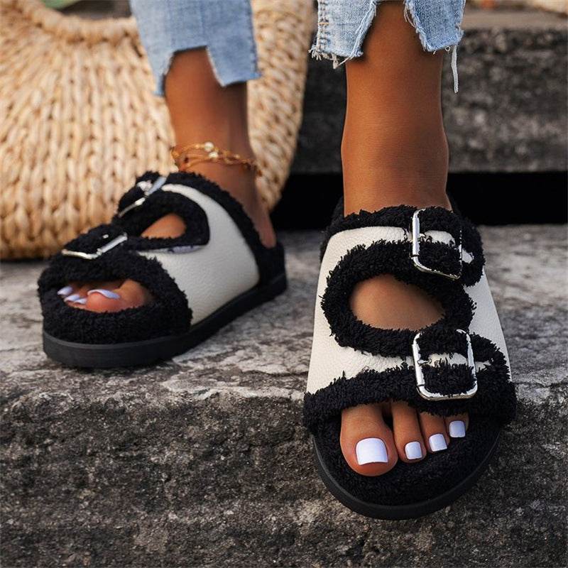 Autumn Winter Slipper Thick Sole Buckle Lamb Swool Slippers For Women Outdoor Gardern Indoor Lazy Plush Shoes - Mubimart