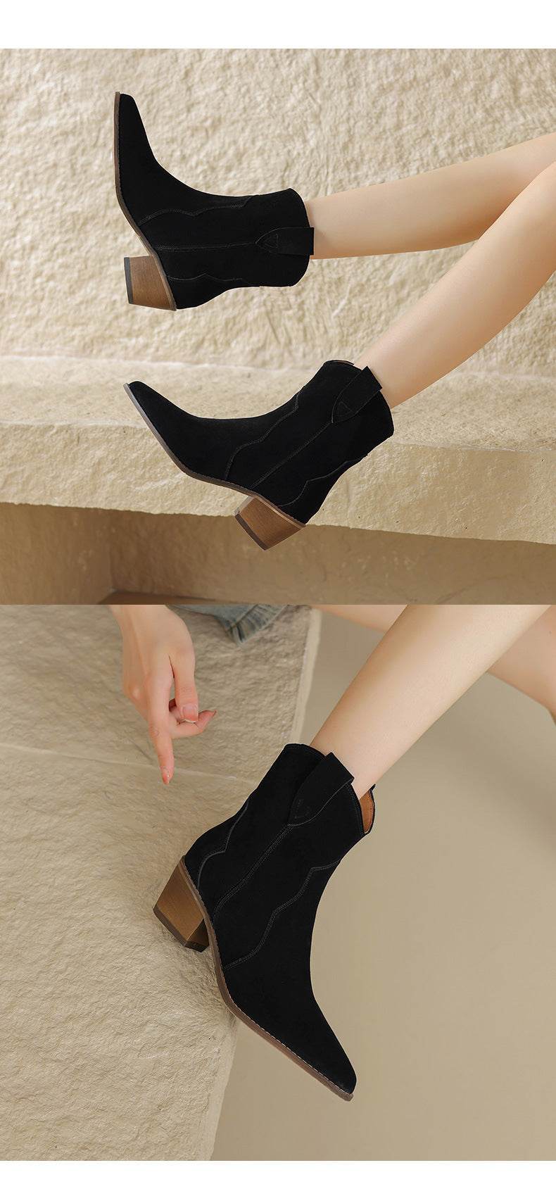 Pointed Toe Chunky Mid Heel Booties Fashion Matte Leather Boots - Mubimart