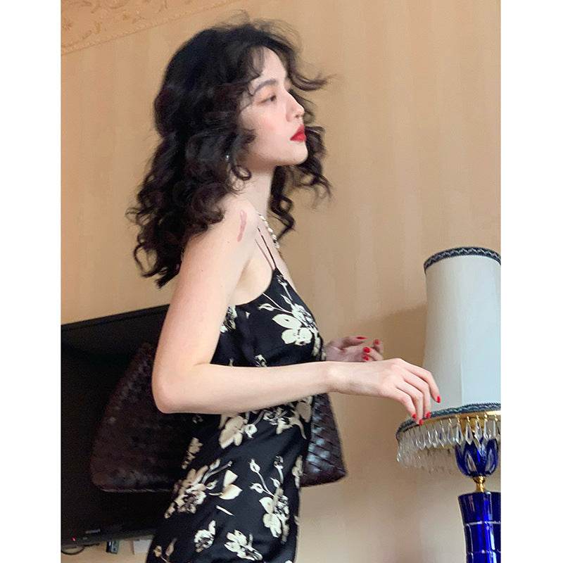 Printed Suspender Fishtail Midi Dress - Mubimart