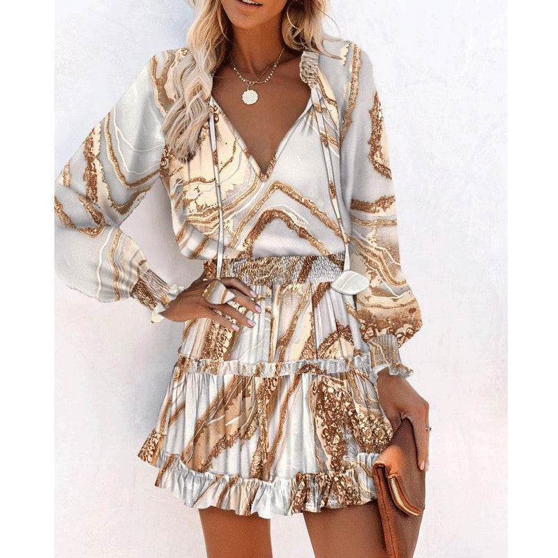 Flowers Print Long Sleeve Dress Fashion Patchwork Puff Sleeve Waist Dresses Womens Clothing - Mubimart