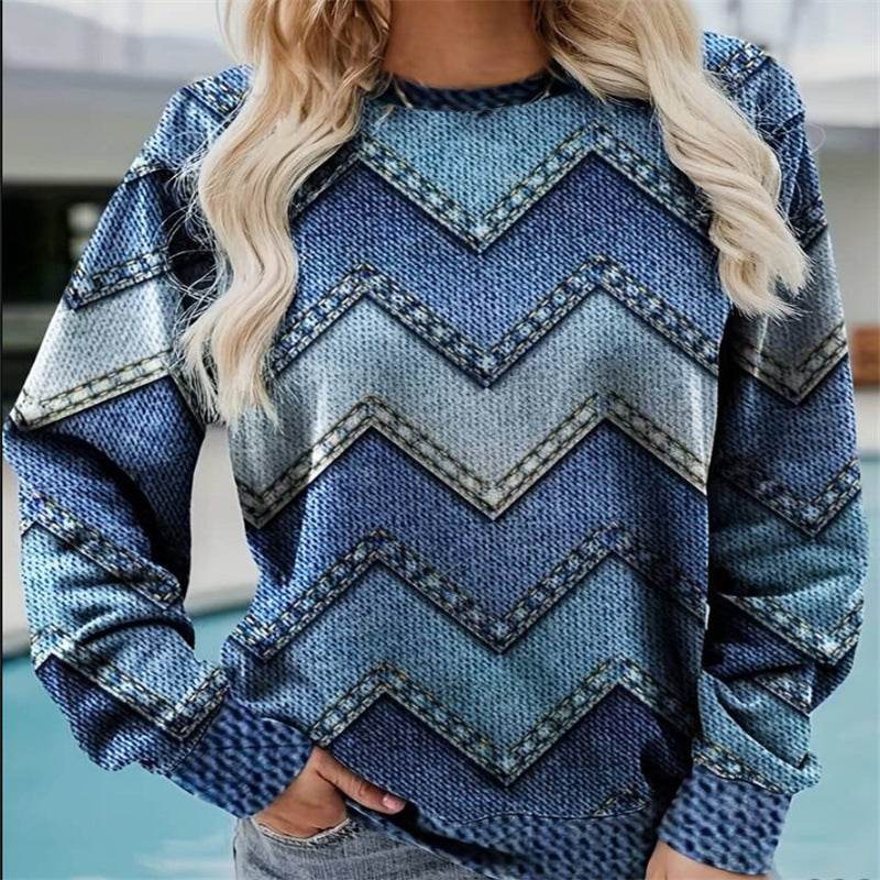 Round Neck Long Sleeve Casual Sweatshirt Loose Plus Size Print - Mubimart