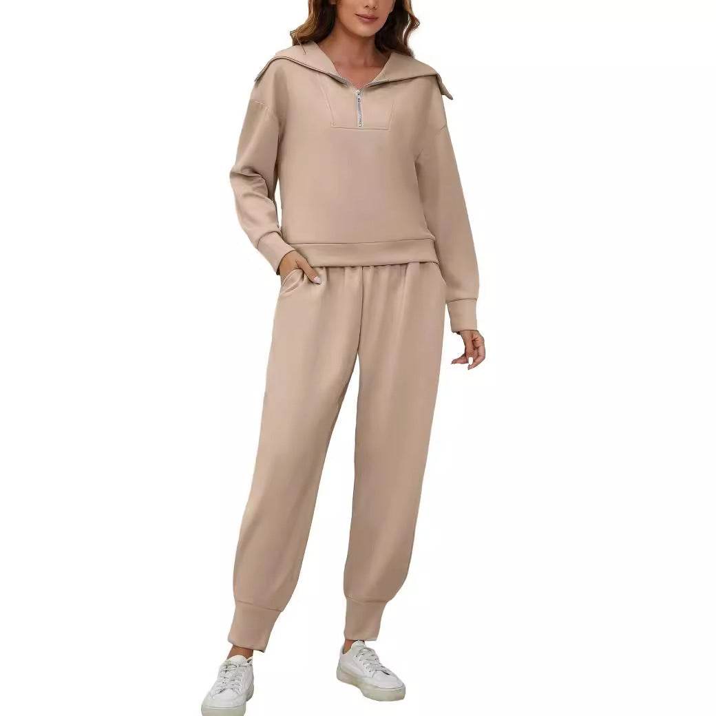 Long Sleeve Lapel Sweatshirt High Waist Workout Pants Two-piece Set - Mubimart
