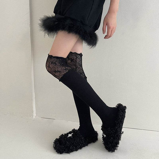 Women's Lace Splicing Fake High Tube Knee Socks - Mubimart