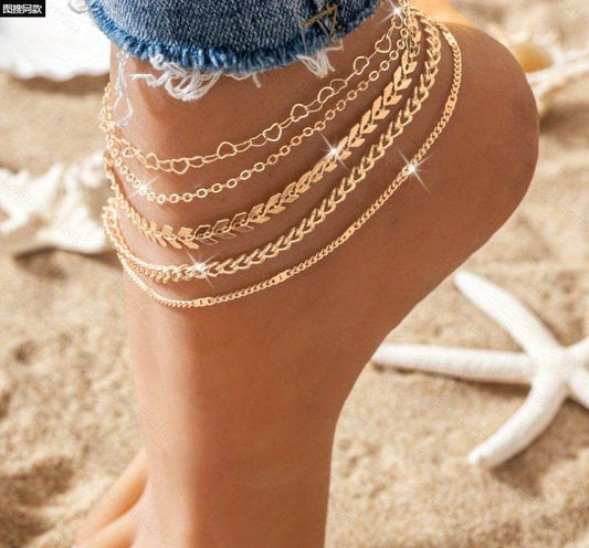 5Pcs Bohemian Airplane Chain Ankle Chain Fashion Design Heart-shaped Chain Anklets Women's Summer Beach On Foot Chain Jewelry - Mubimart