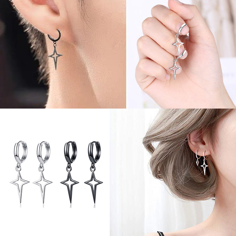 Hip Hip Men Earrings Jewelry Punk Silver Black Hollow Star Cross Pendant Small Hoop Stud Earrings For Women