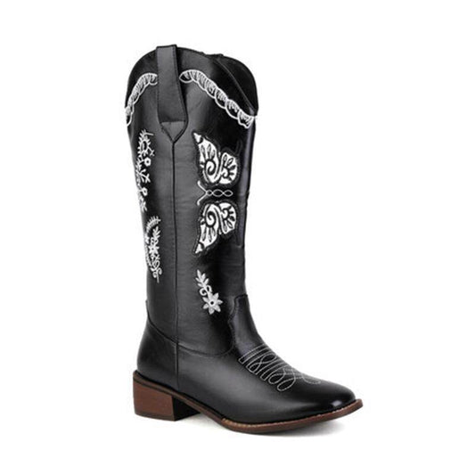 Embroidered Square Toe Mid-heel Boots For Women - Mubimart