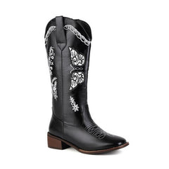 Embroidered Square Toe Mid-heel Boots For Women