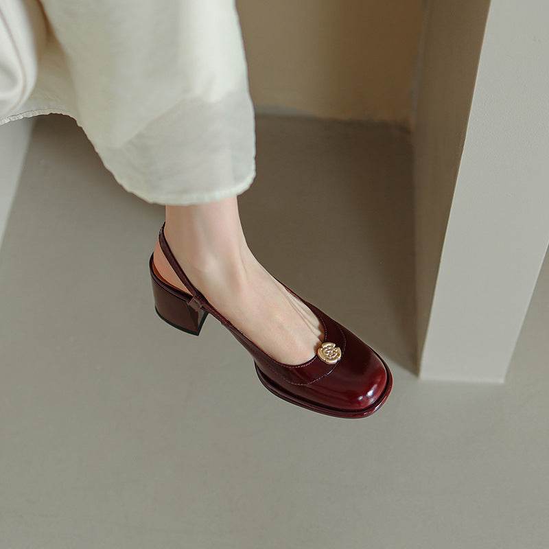 Thick High Heel Cowhide Toe Cap Slingback Sandals Women - Mubimart