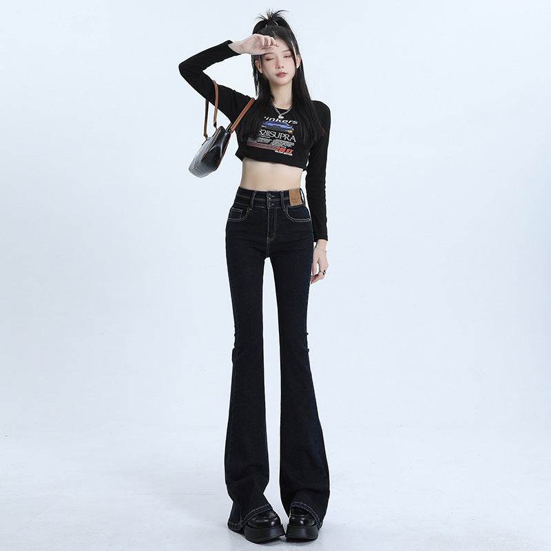 High Waist Slimming Hot Girl Double Buckle Slightly Flared Jeans Women - Mubimart