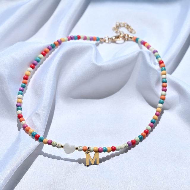 Colorful Beads Initial Choker For Women Stainless Steel Lett - Mubimart