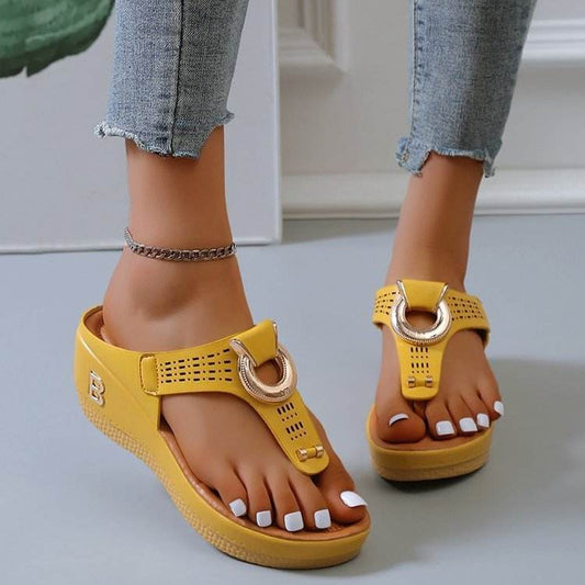 Thong Sandals Women High Heel Wedges Shoes Flip Flops Metal Decorative Slides Slippers - Mubimart