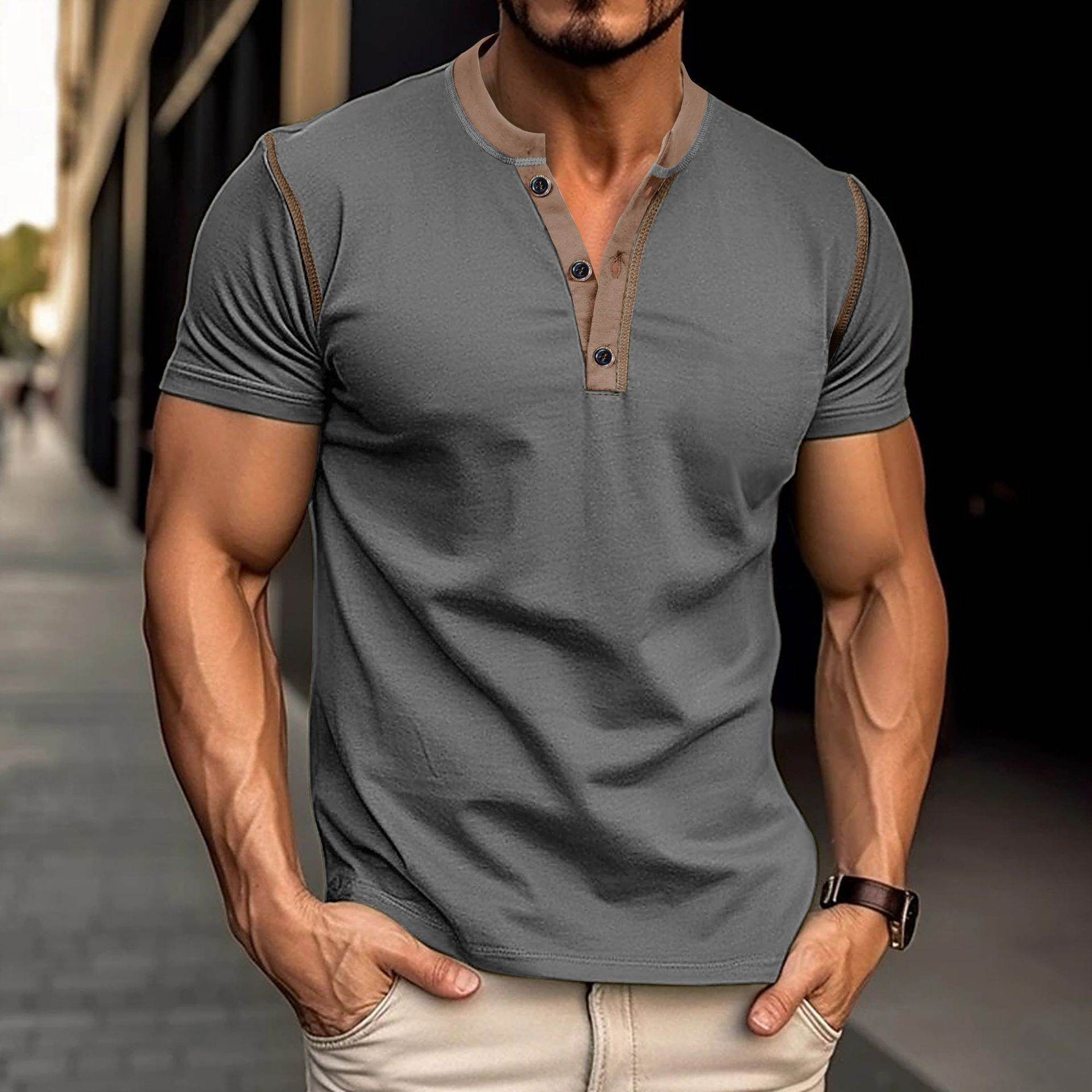 Fashion Short-sleeved Polo Shirt Summer Button V-neck T-shirt Tops Mens Clothing - Mubimart