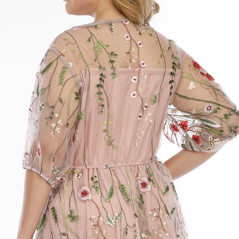 Plus Size Dress Evening Dress Women's Mesh Embroidered Midi Dress - Mubimart