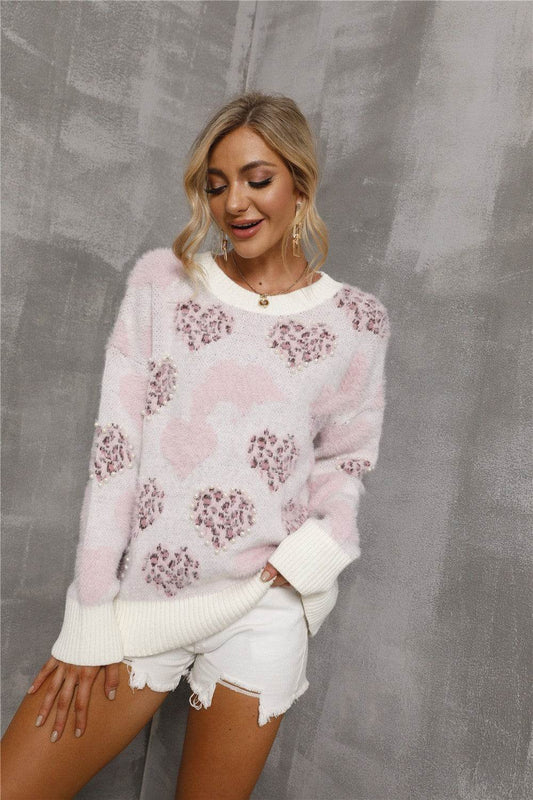 Women's Beads Love Pullover Plus Size Sweater - Mubimart