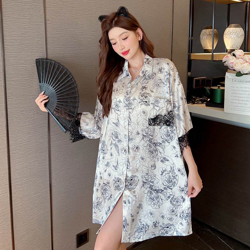 Striped Shirt Dress Short Sleeve Plus Size Loose Pajamas For Women - Mubimart