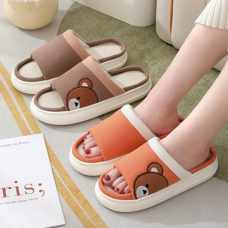 Cute Cartoon Bear Linen Slippers For Women Indoor Non-slip Sweat-absorbent Breathable Slip On Floor Bedroom Slipper House Shoes - Mubimart