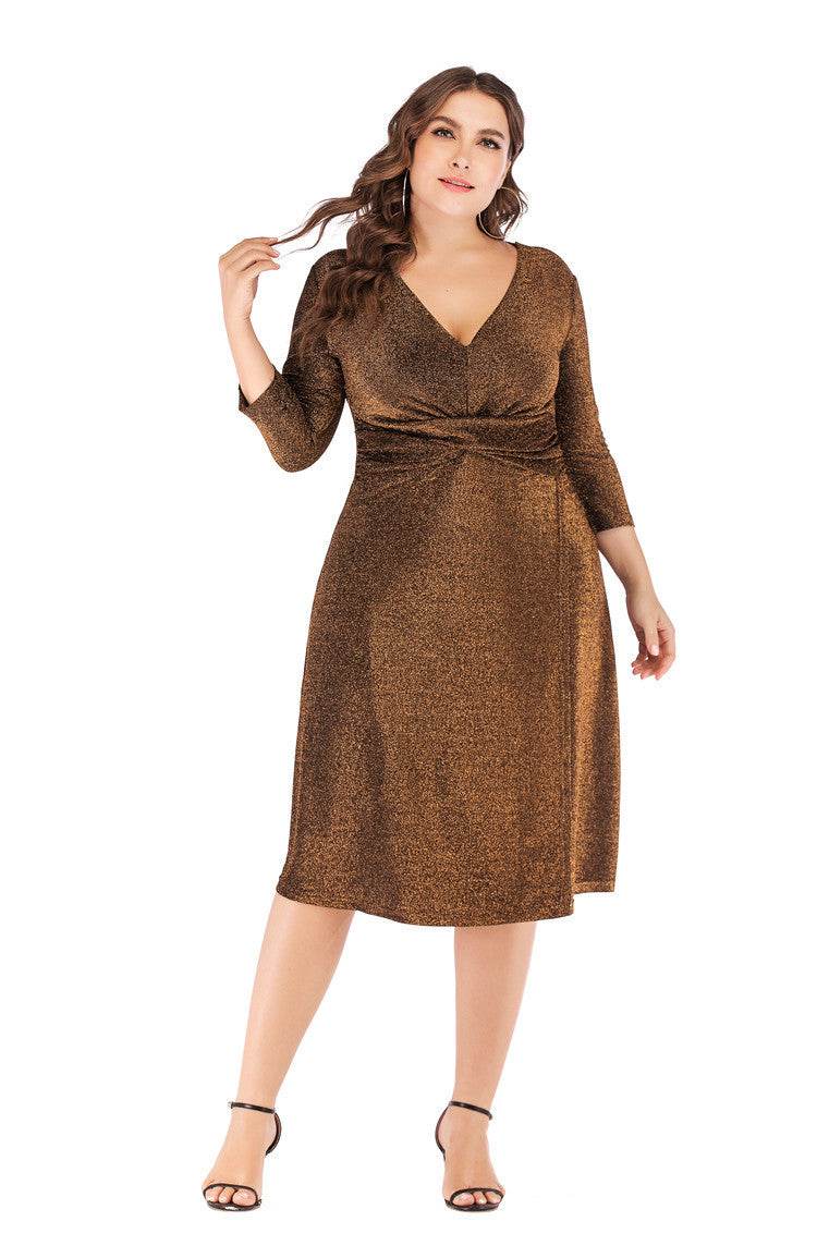 Plus Size V-neck 34 Sleeves High Waist Midi Skirt Bright Silk Party Dress - Mubimart