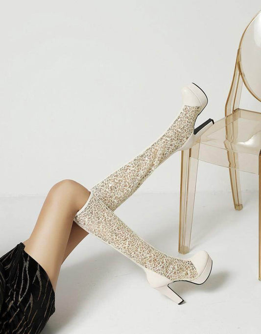 Summer Lace Thick High Heel Platform Women's High-top Mesh Sandal Boots - Mubimart