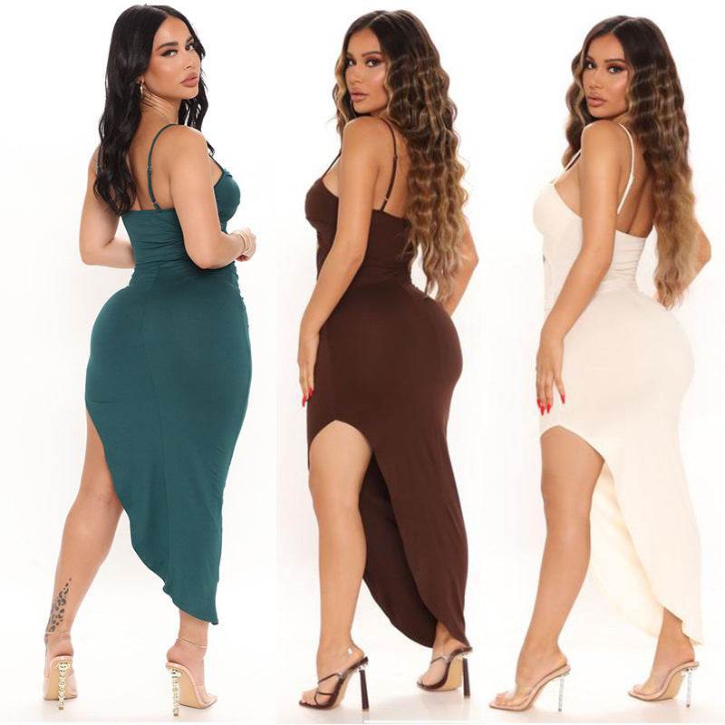 Prom Dress Hollow Solid Color Suspender Dress - Mubimart