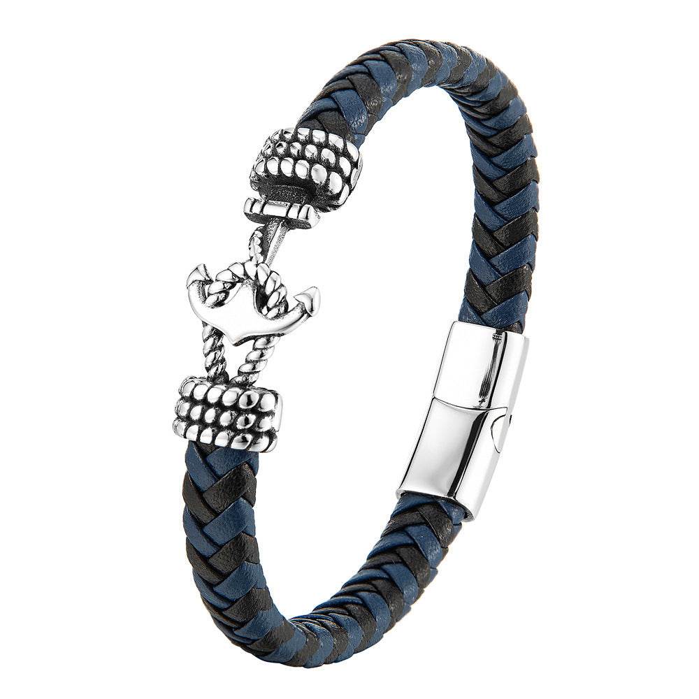 Mens Titanium Steel Bracelet Leather Braided Anchor - Mubimart