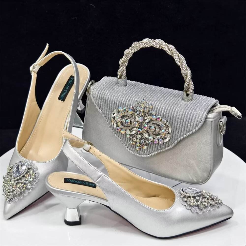 Casual French Style Small Square Pointed Toe Slingback High Heels Women's Shoes And Bags Suit - Mubimart