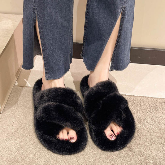Winter Fuzzy Slippers Women Warm Soft Plush Shoes - Mubimart