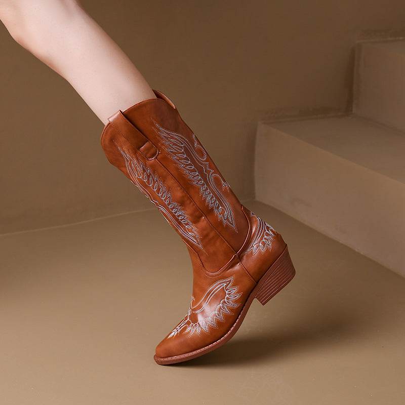 Fashion Embroidery Western Cowboy Boot Women Pointed Mid-calf - Mubimart