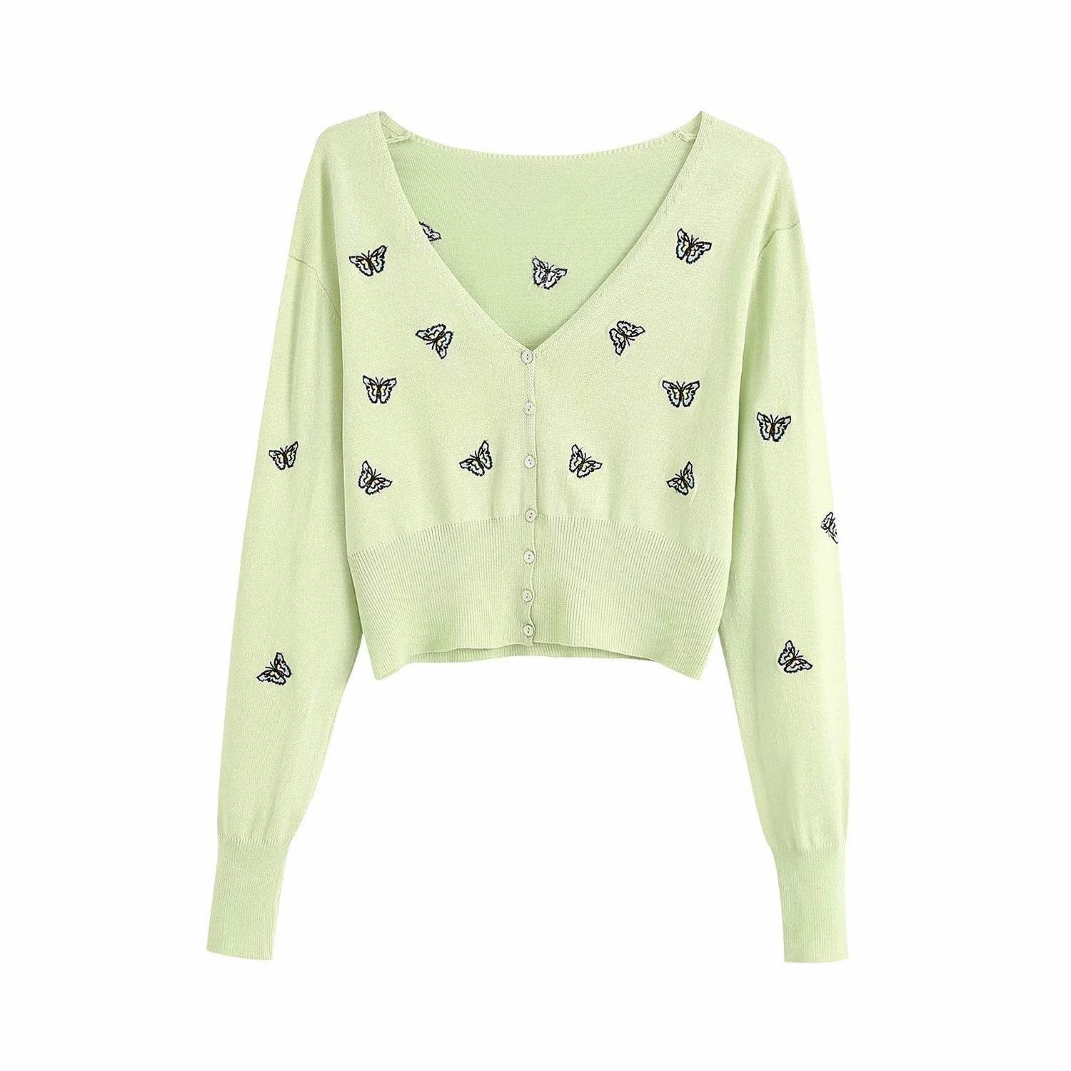 Women Fashion Butterfly Embroidery Cropped Knitted Blouses Vintage - Mubimart