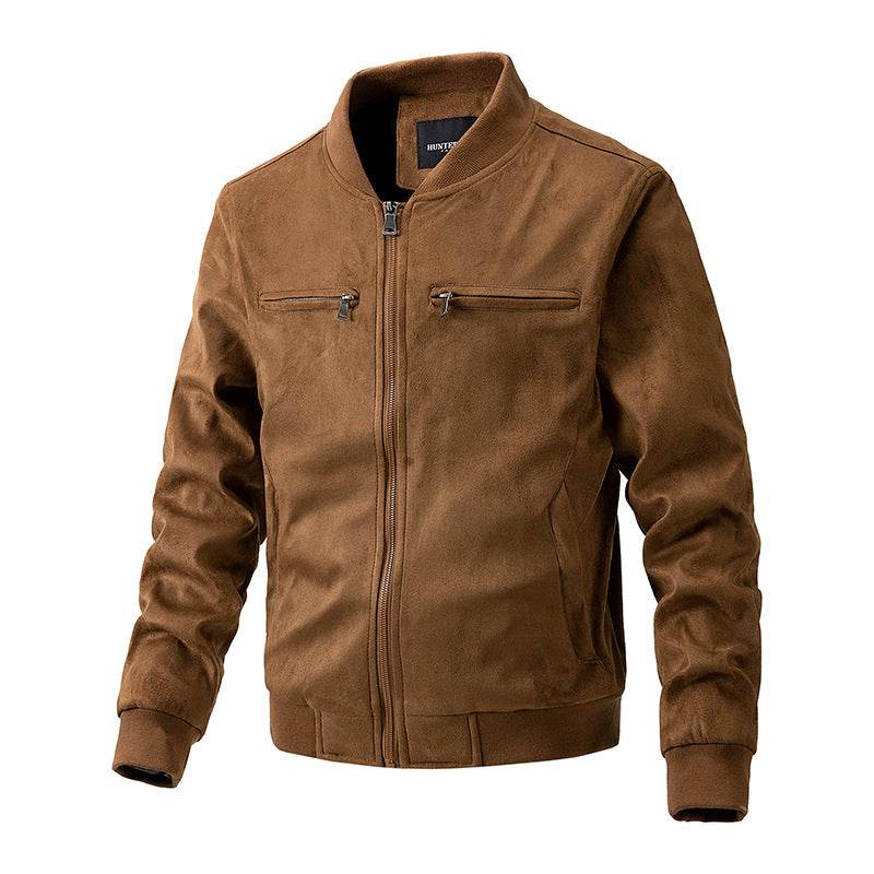 Suede Stand Collar Men's Jacket Double Zipper Pocket Clothing Mens - Mubimart