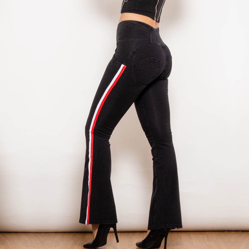 Shascullfites Melody Black Striped Flared Lift Jeggings Button Up Jeans Shaping Jeans Women High Waist Flare Jeans - Mubimart