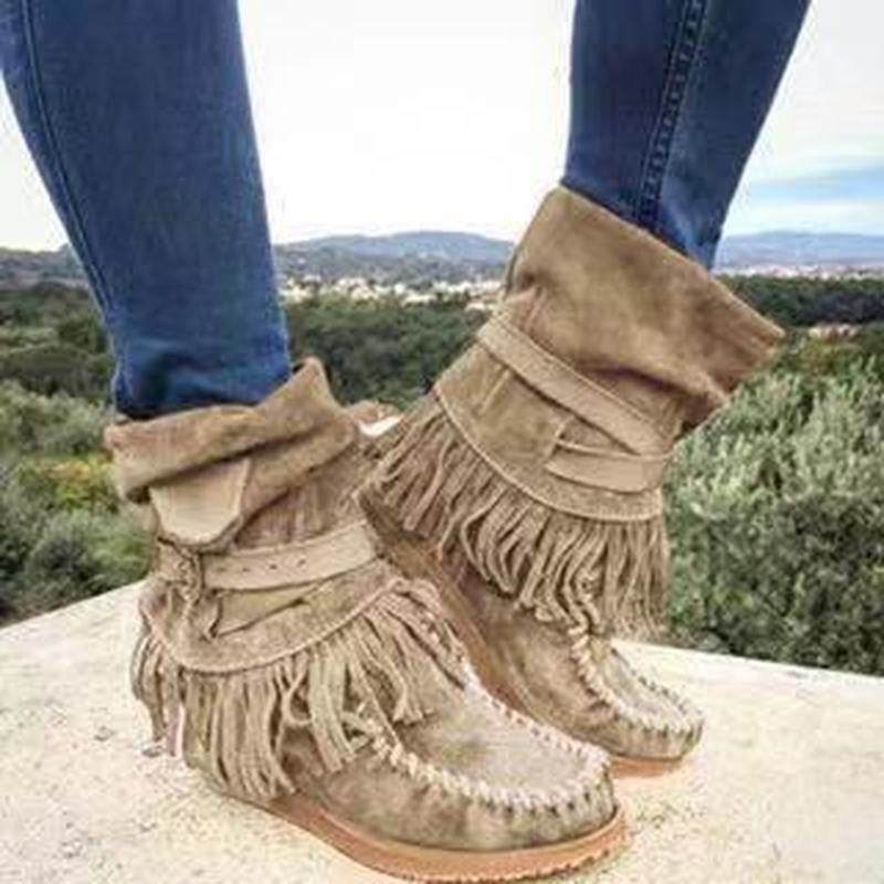Fringe Middle Boots Women Sexy Tassel Boots Fashion Buckle - Mubimart