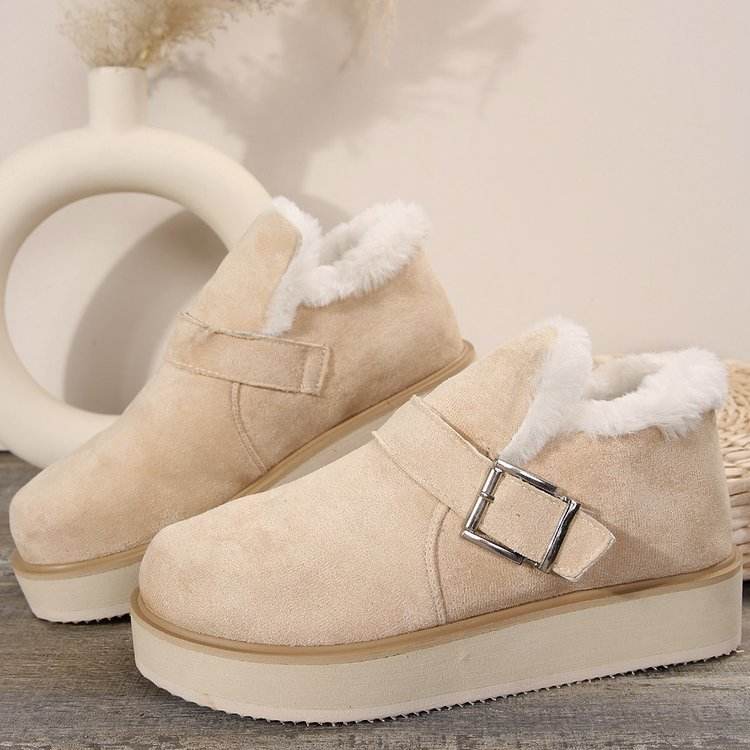 Winter Buckle Snow Boots Fashion Flat Thick-soled Cotton Shoes Round Toe Plus Velvet Warm Ankle Boot For Women - Mubimart