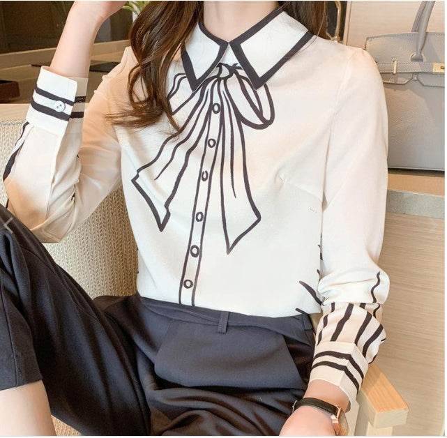 Silk Blouse Women Fake Bow-knot Printing Blouse Satin Silk Long-sleeved Shirt - Mubimart