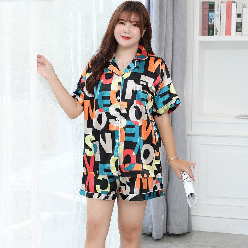 Summer Plus Size Ladies Ice Silk Short Sleeve Pajama Set - Mubimart