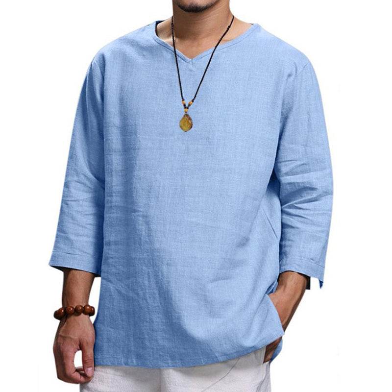 Loose Casual V-neck Top Cotton And Linen Long Sleeve Pullover Shirt Mens Clothing - Mubimart