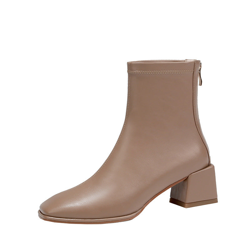 Elastic Mid-heel Block-heel Square Toe Martin Boots