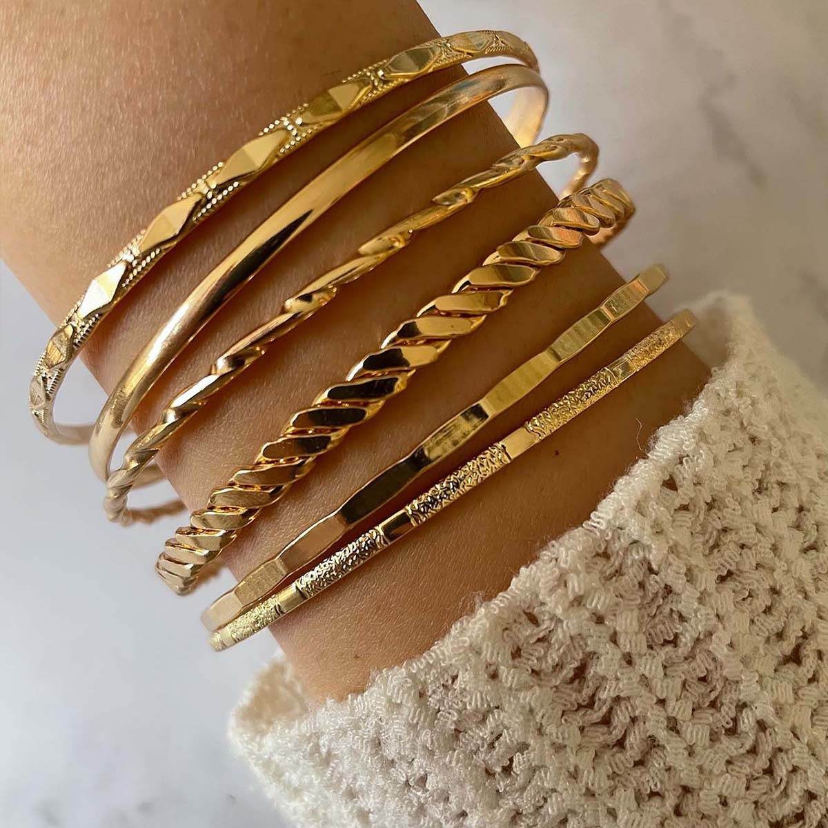Bohemian Metal Chain Bracelet Set For Women Geometric Gold Color Thick Link Chain Bangle Female Fashion Jewelry - Mubimart