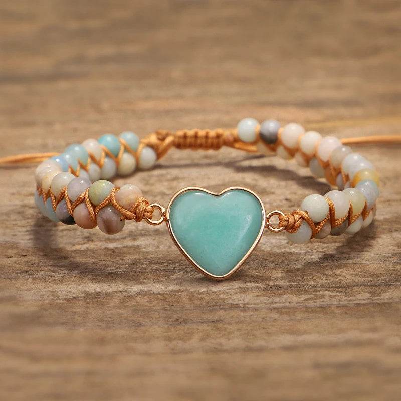 Classic Heart Shape Charm Bracelets Amazonite String Braided Macrame Wristband Teengirls Wrap Bracelet Femme Women Jewelry - Mubimart