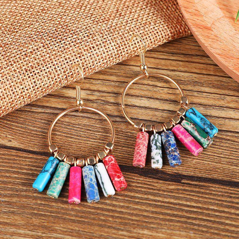 Bohemian Large Hoop Earrings Colorful Natural Turquoise Pendant Hoop - Mubimart