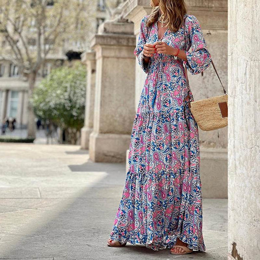 Women's Printed Short-sleeved Corset Long Plus Size Dress - Mubimart