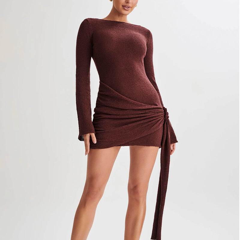 Fashion Slim Long-sleeved Dress Y2K Sexy Hip-hugging V-shaped Backless Short Dresses Womens Clothing - Mubimart