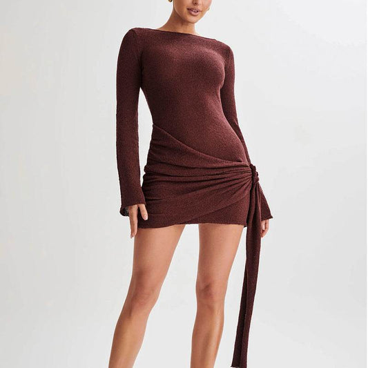 Fashion Slim Long-sleeved Dress Y2K Sexy Hip-hugging V-shaped Backless Short Dresses Womens Clothing - Mubimart