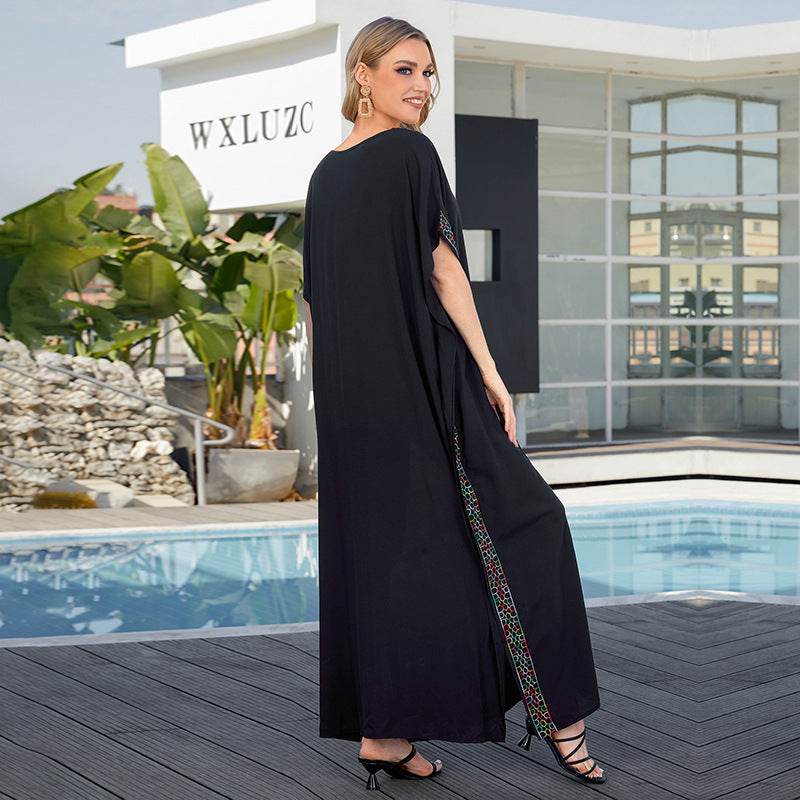 Rayon Embroidered Holiday Loose Plus Size Robe Dress - Mubimart